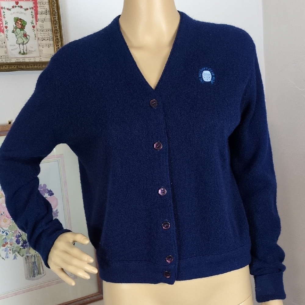Navy Blue Vintage V-neck Button Up Sweater with Racquet Club Patch XL